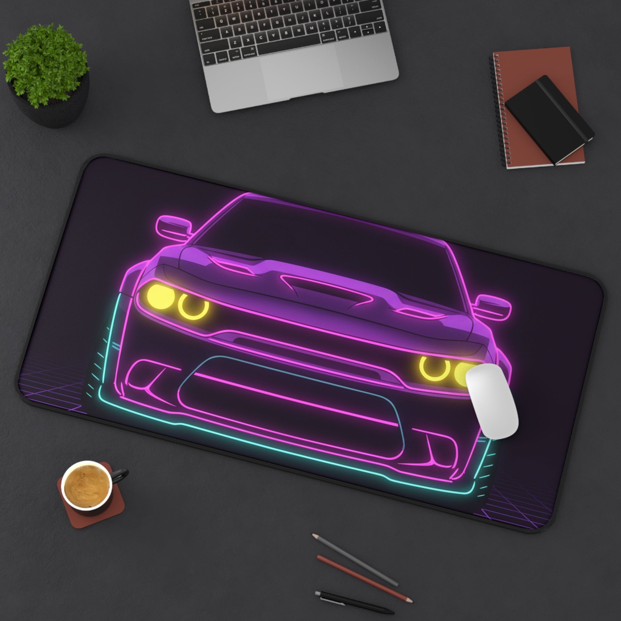 Dodge Challenger SRT Hellcat Neon Synthwave Desk Mat
