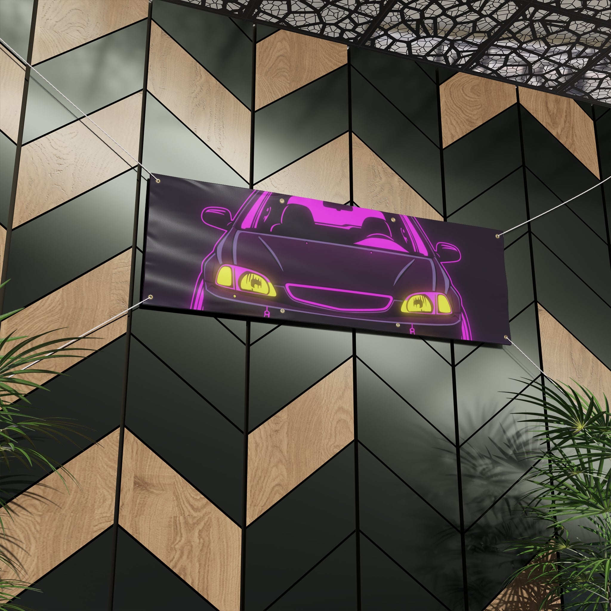Honda Civic EK Hatch Neon Synthwave Banner