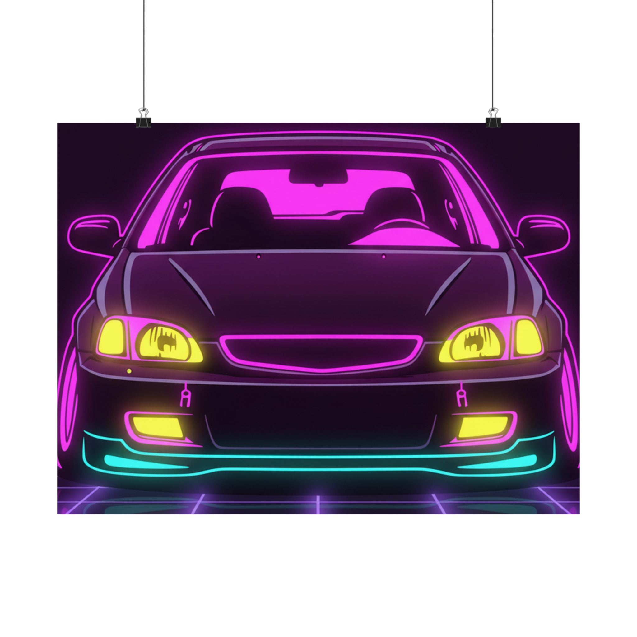 Honda Civic EK Hatch Neon Synthwave Poster