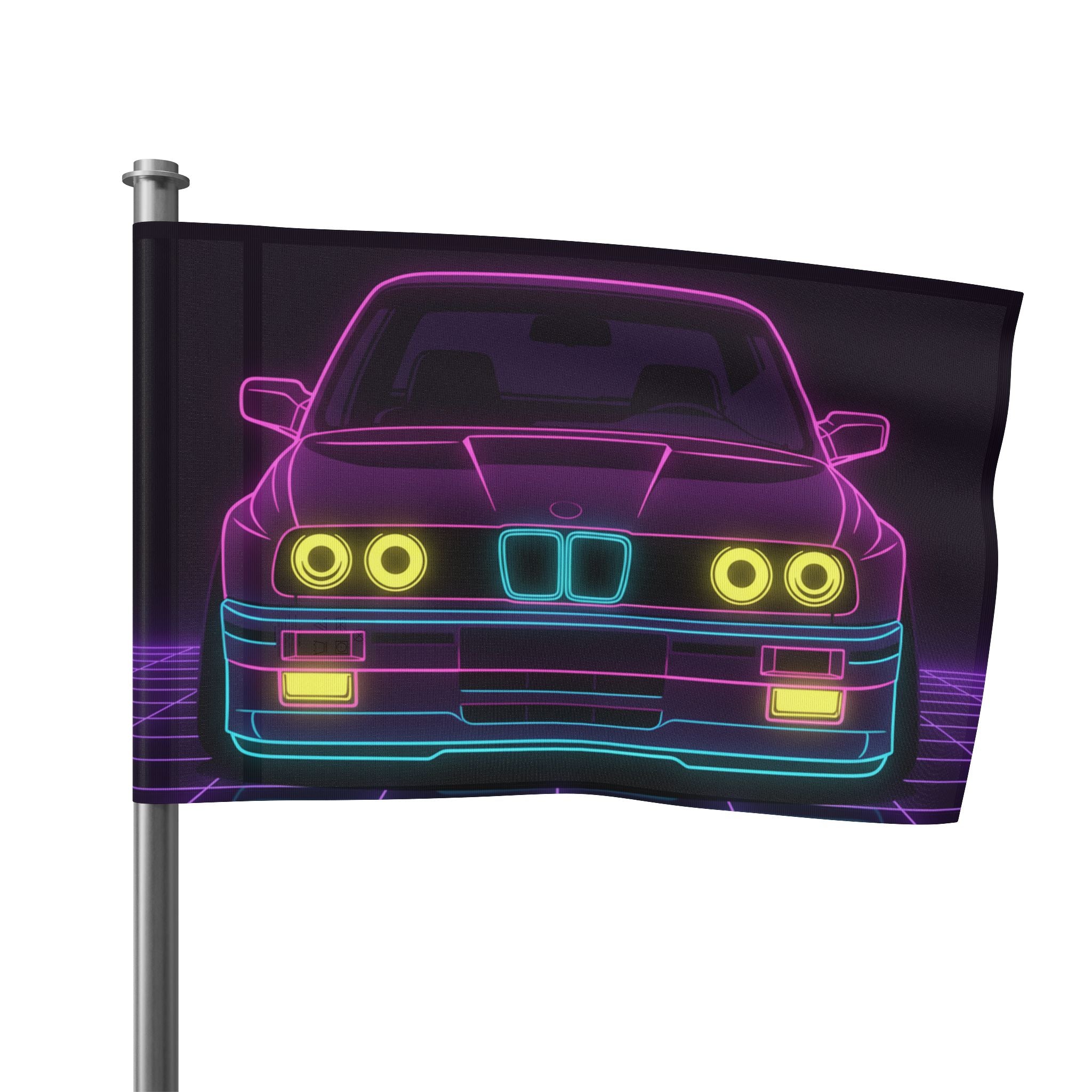 BMW E30 Neon Synthwave Garage Flag