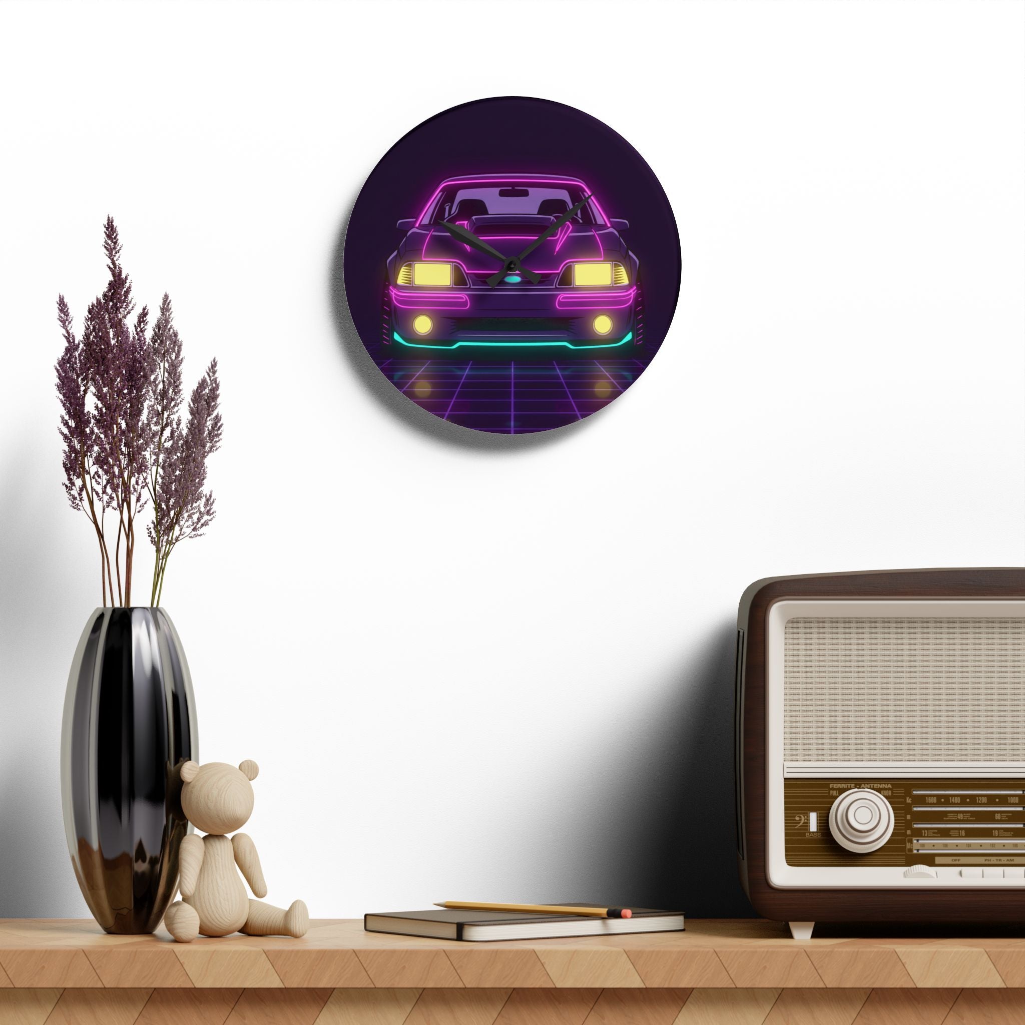 Ford Mustang Fox Body GT Neon Synthwave Wall Clock