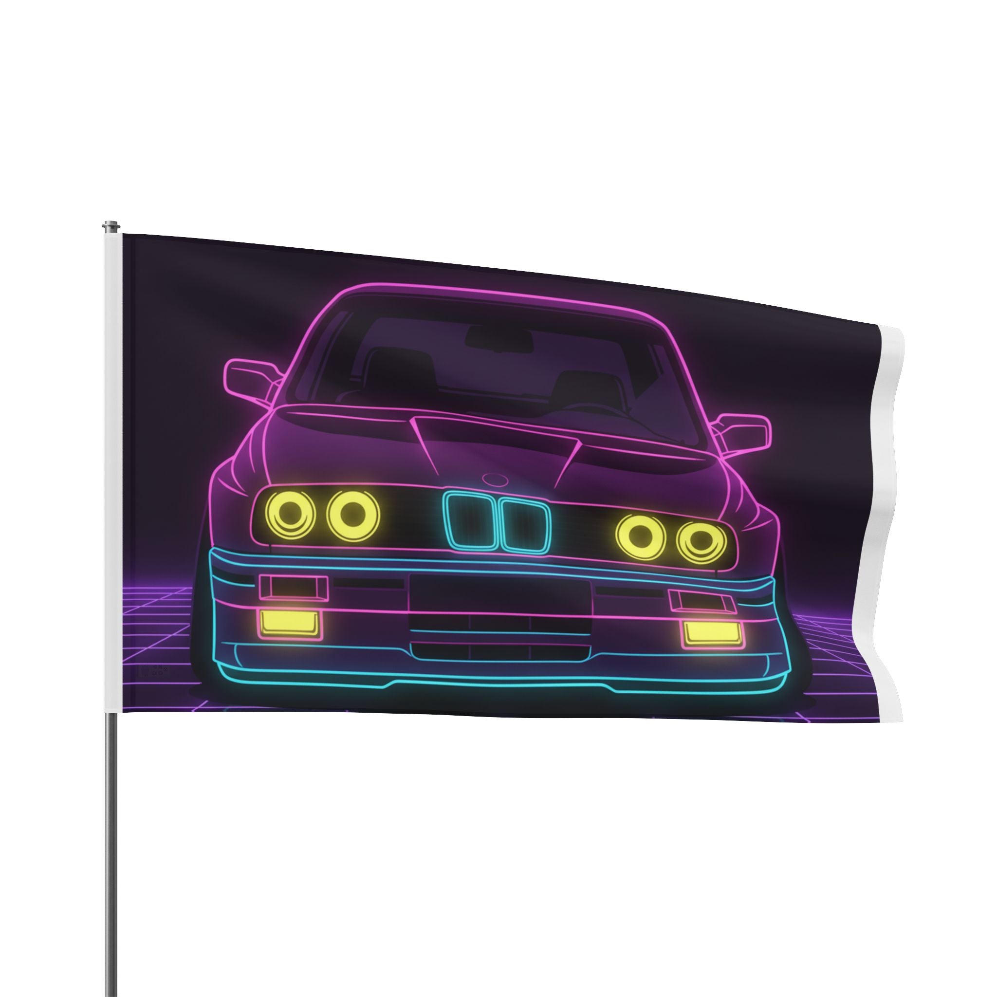 BMW E30 Neon Synthwave Garage Flag