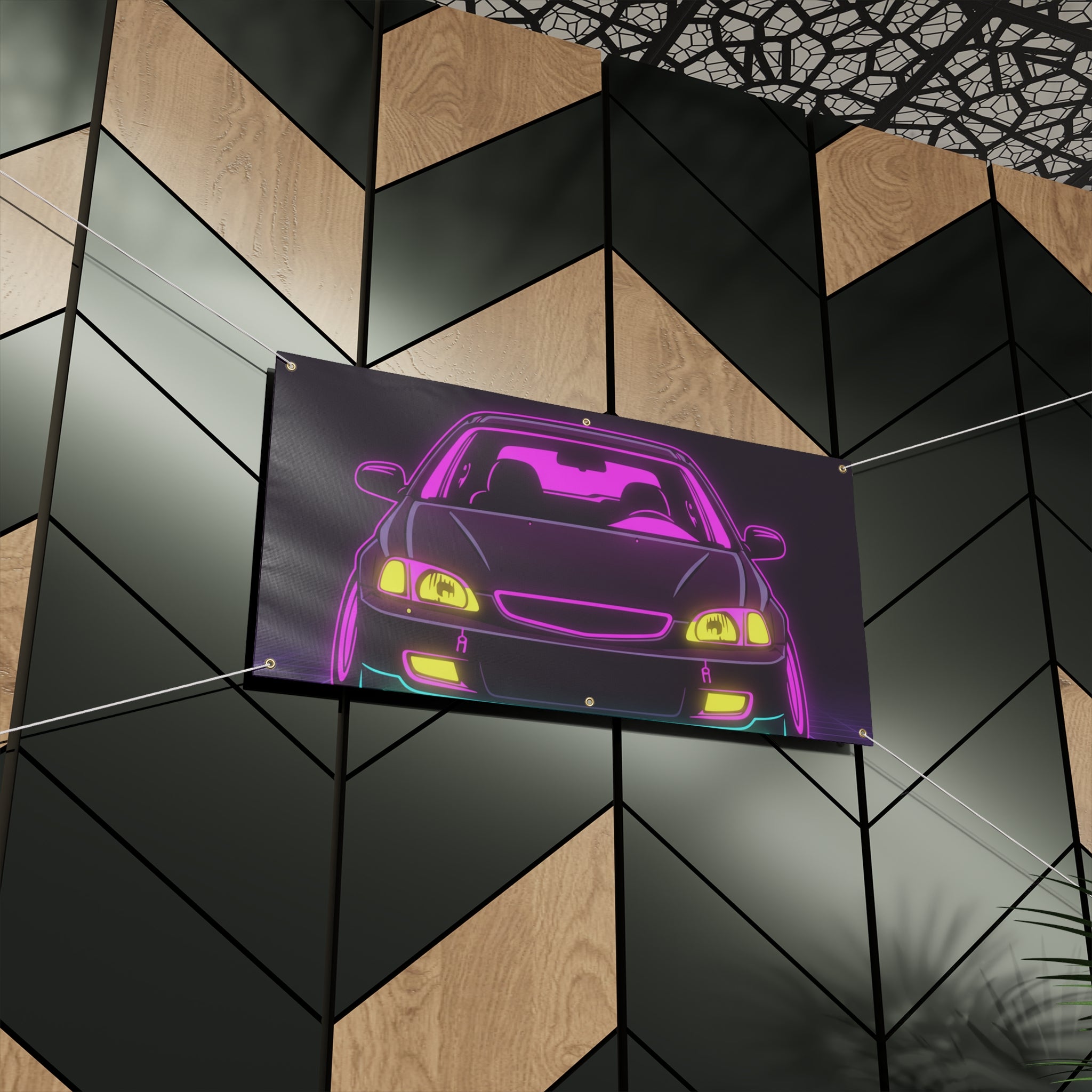 Honda Civic EK Hatch Neon Synthwave Banner