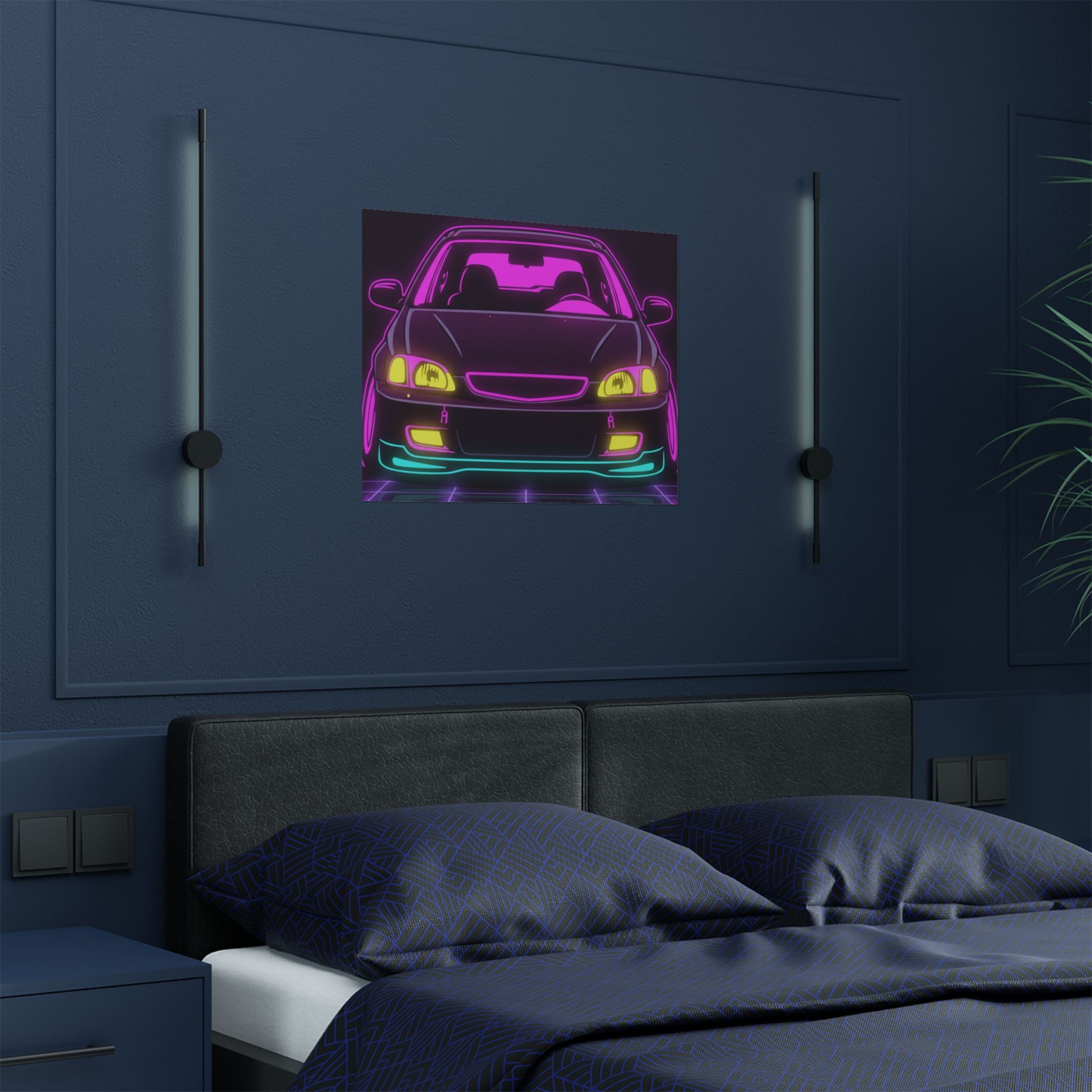 Honda Civic EK Hatch Neon Synthwave Poster