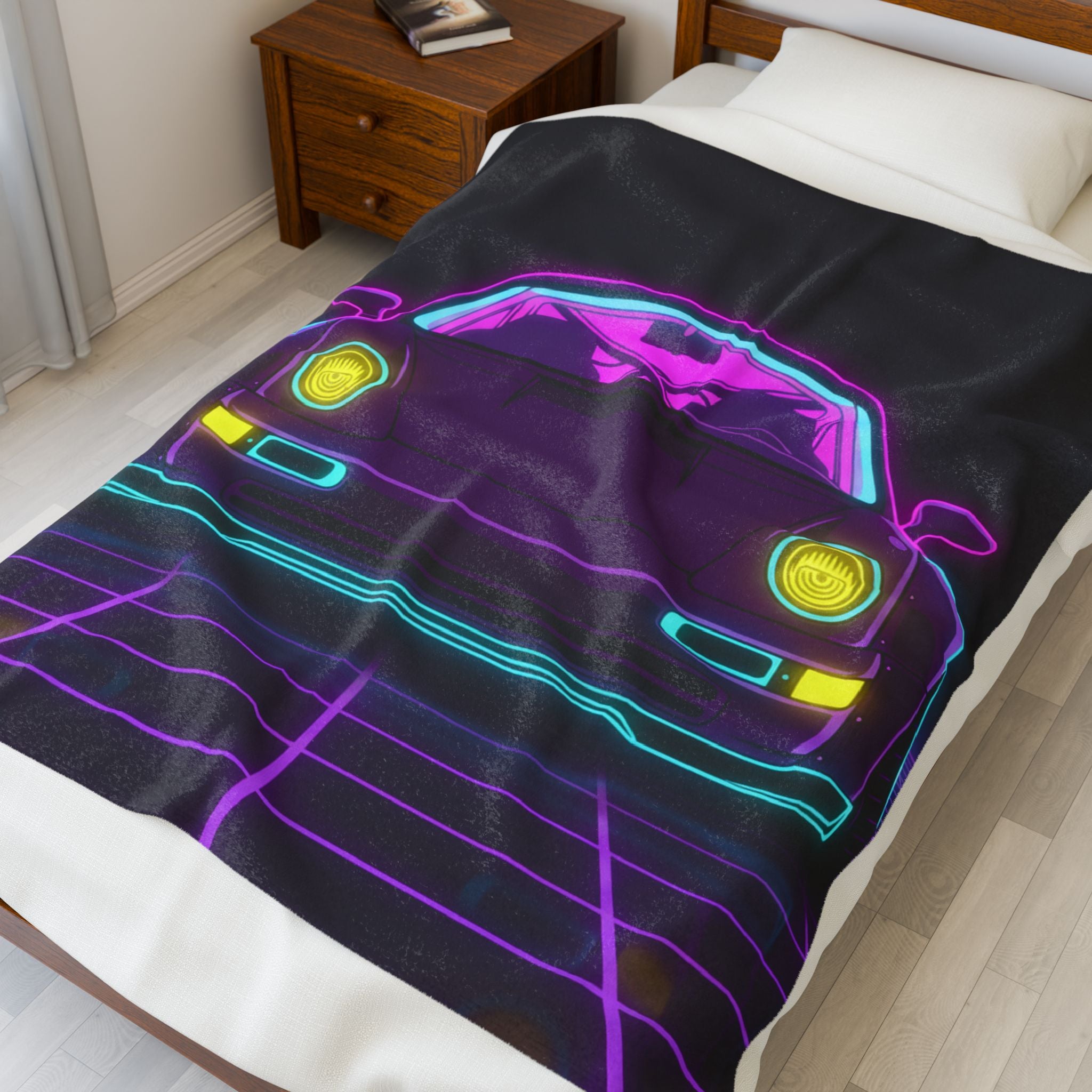 Porsche 964 Turbo Neon Synthwave Velveteen Plush Blanket