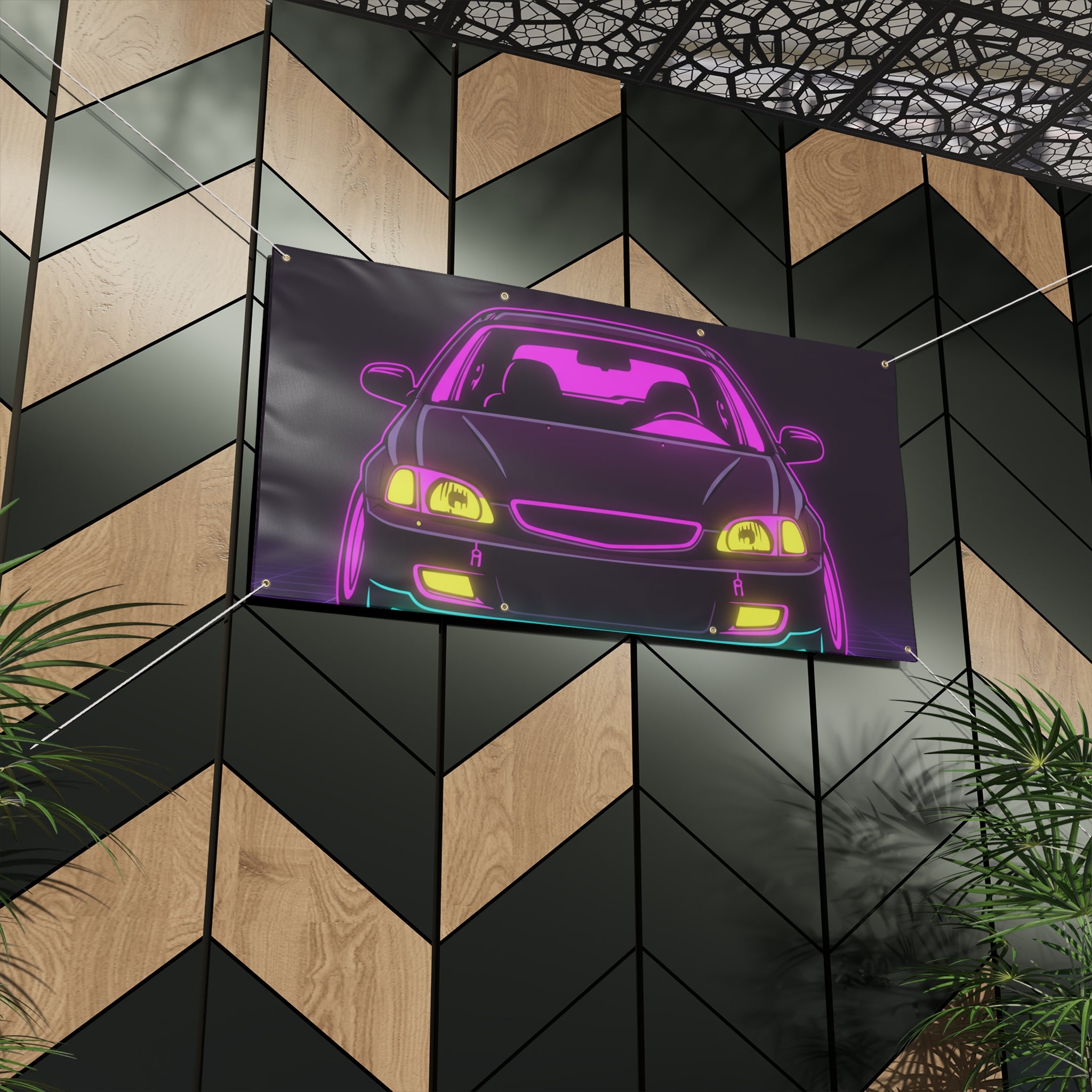 Honda Civic EK Hatch Neon Synthwave Banner