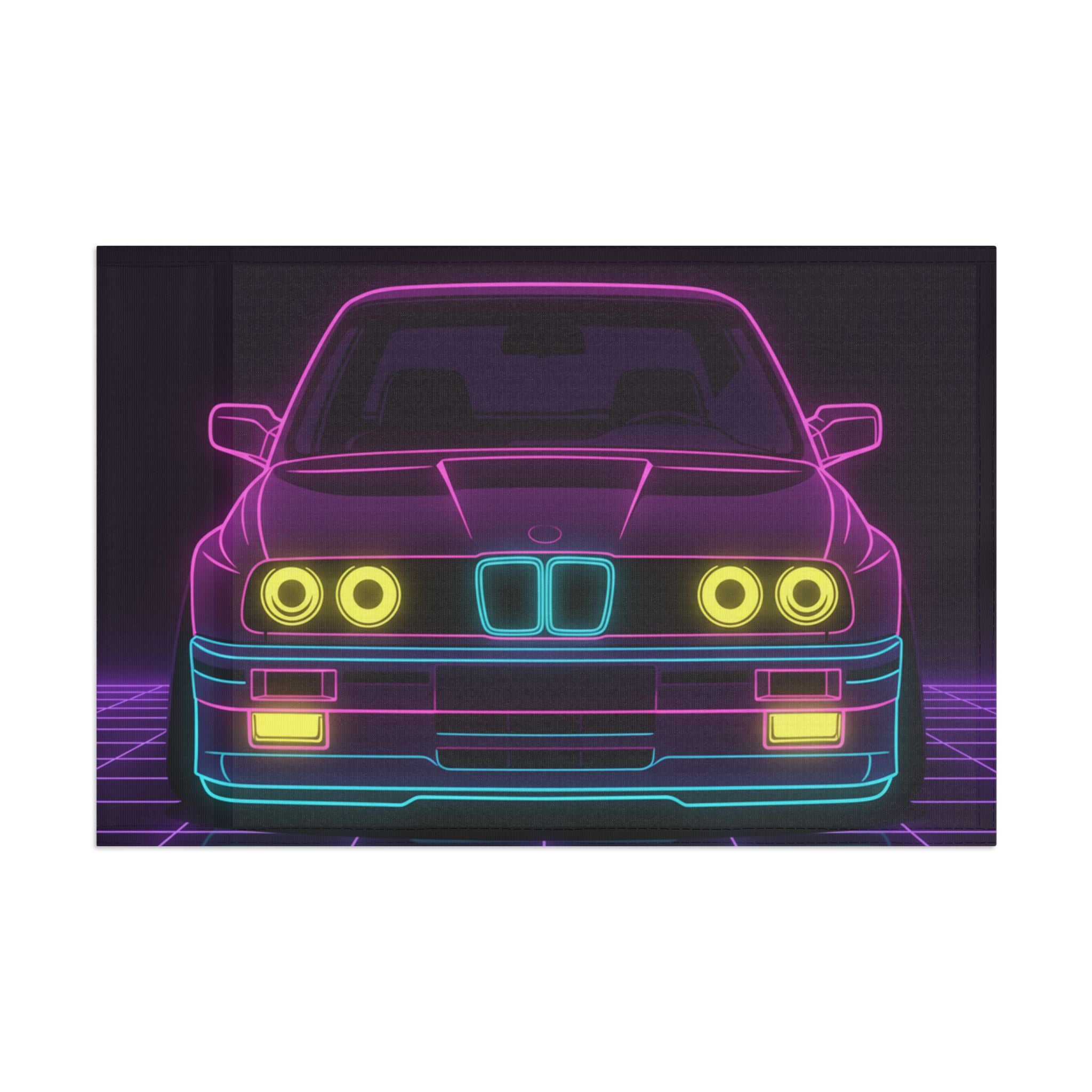 BMW E30 Neon Synthwave Garage Flag